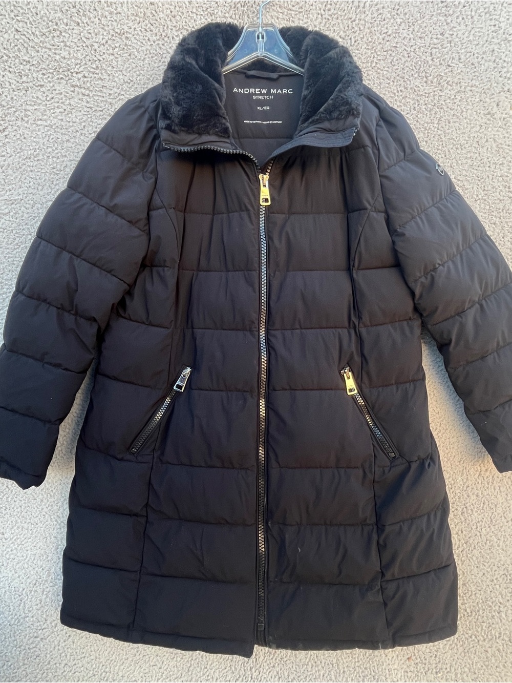 Andrew Marc Stretch Women’s Black Full Zip Long Puffer Coat Size XL Fur Collar